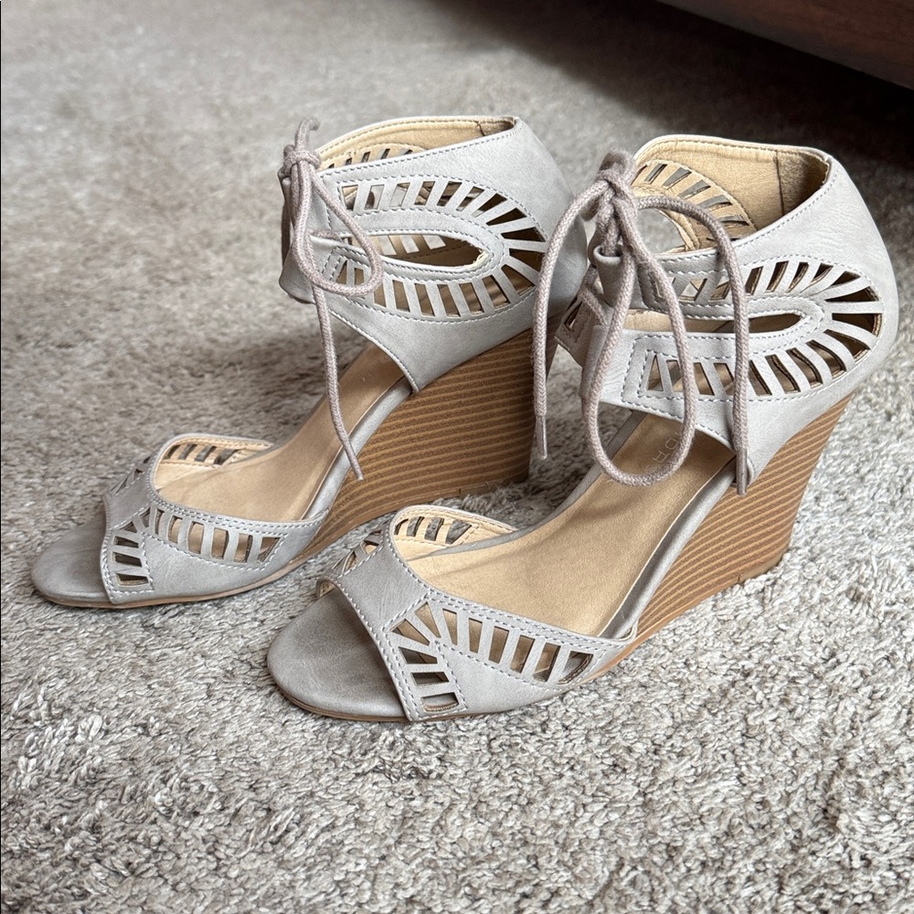 CL by Laundry  Greige Lace-Up Cutout Wedge Sandals